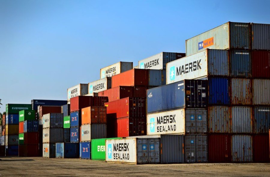 Stacked shipping containers at a port terminal